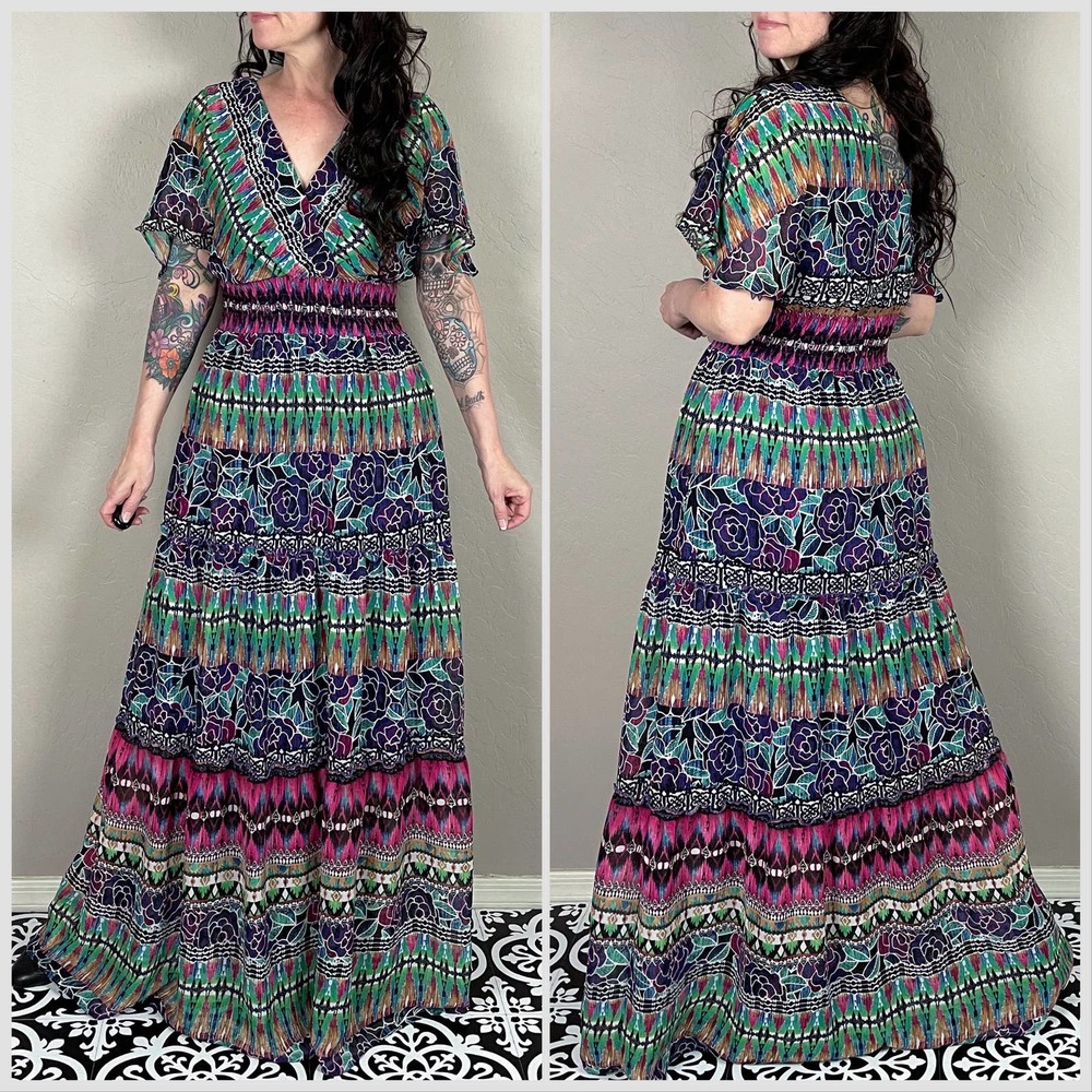 Vintage Y2K Flutter Sleeve Chiffon Floral Print Maxi Dress - Picture 4 of 7